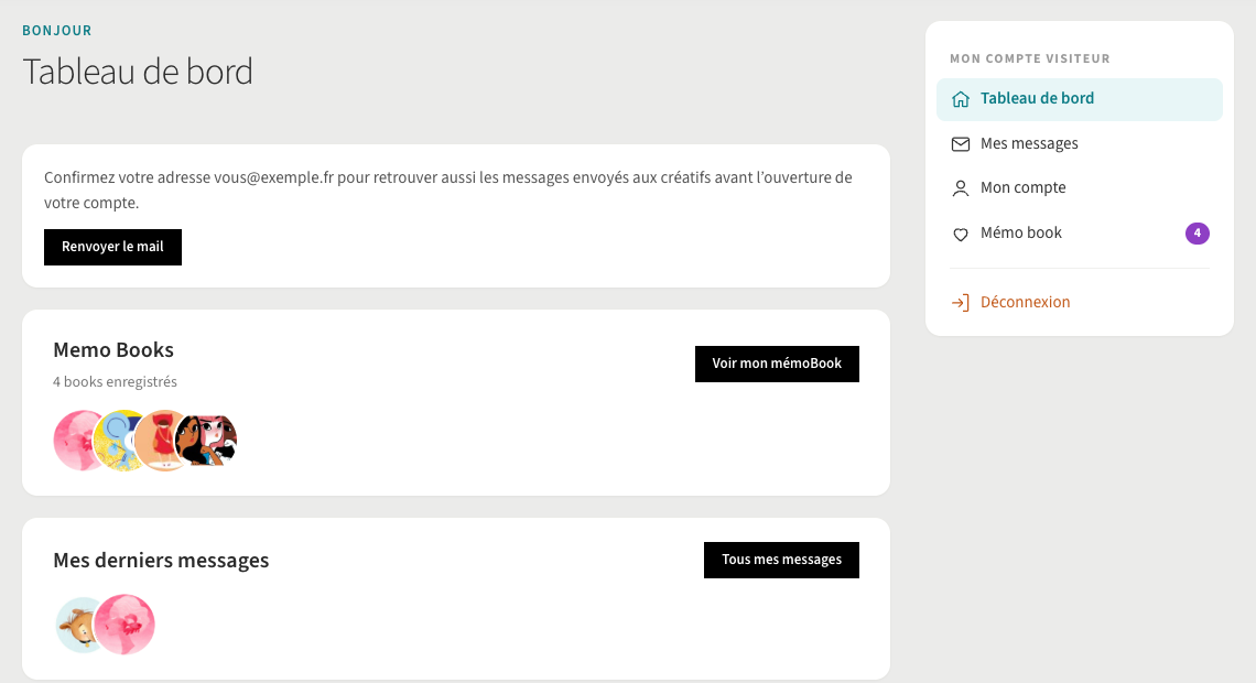 Tableau de bord du compte visiteur Dustfolio