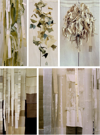 Installation textiles et gravures au Musée des Avelines, St Cloud. Parure, Arbre à souhait et installation textiles. Papier imprimés, tissus teint et assemblés, 2000.