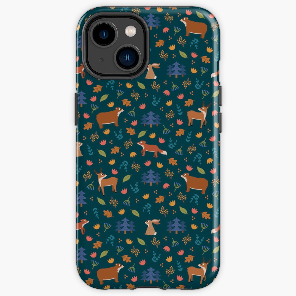 Coque téléphone motif animaux de la forêt bleu-vert / Blue-green woodland pattern case