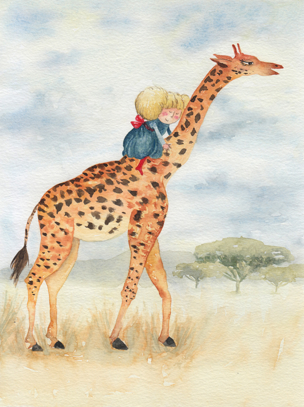 Girl and Giraffe, Watercolor painting