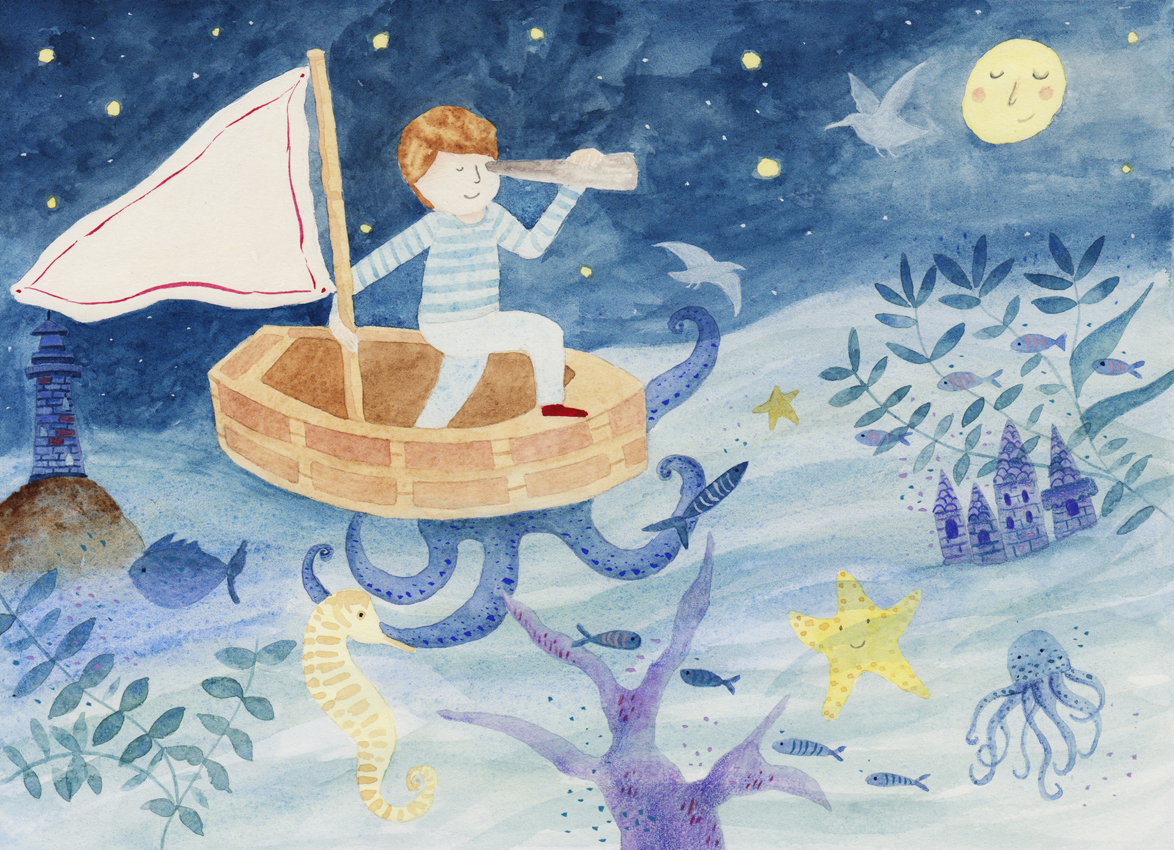 The Boy and the Moon_watercolor illustration