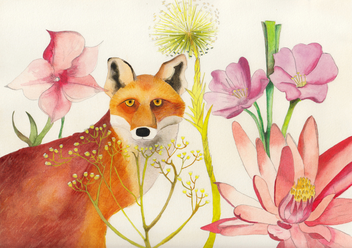 Fox and Flowers, acrylic painting