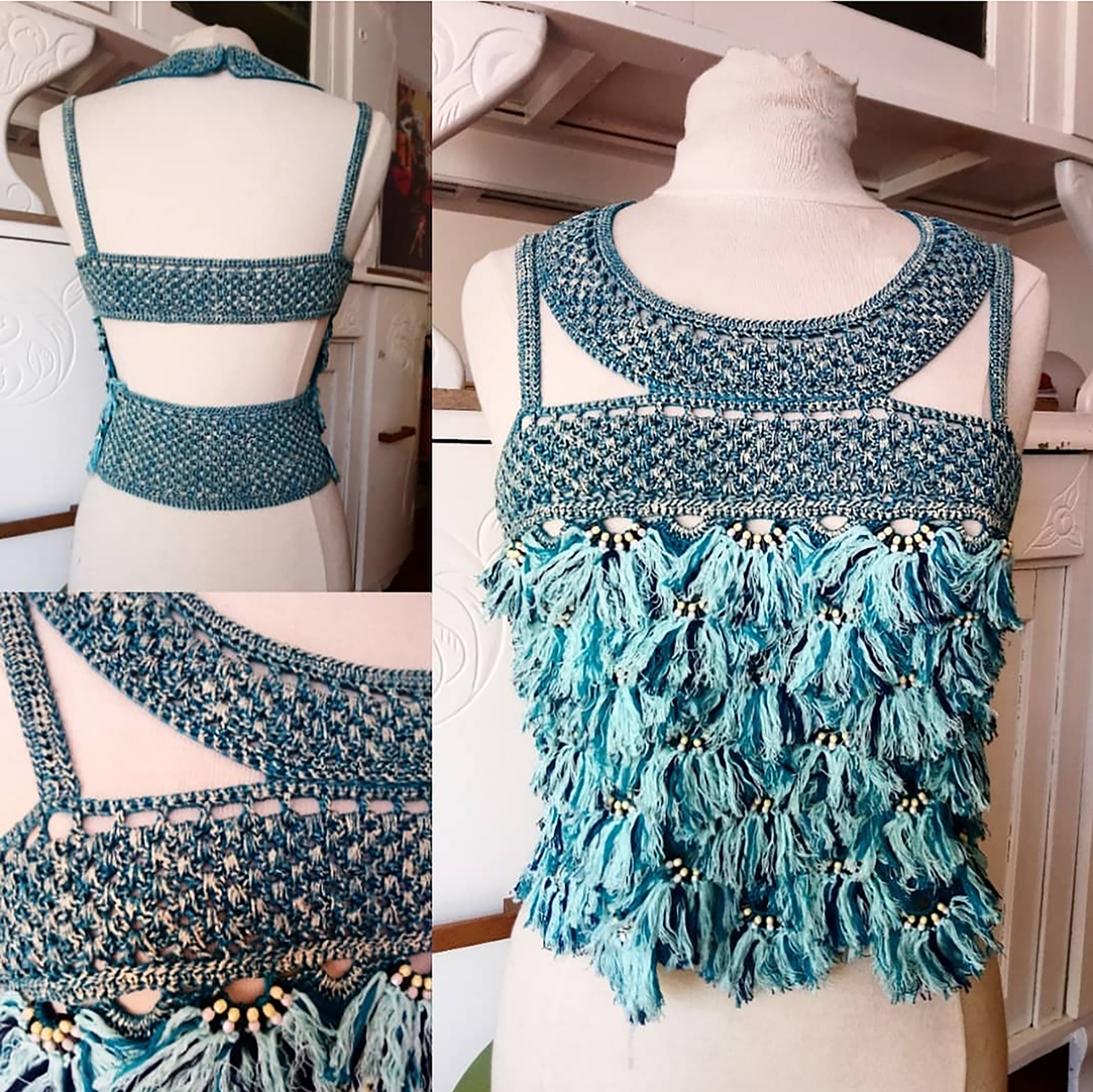 Top en crochet rebrodé et pâtiné