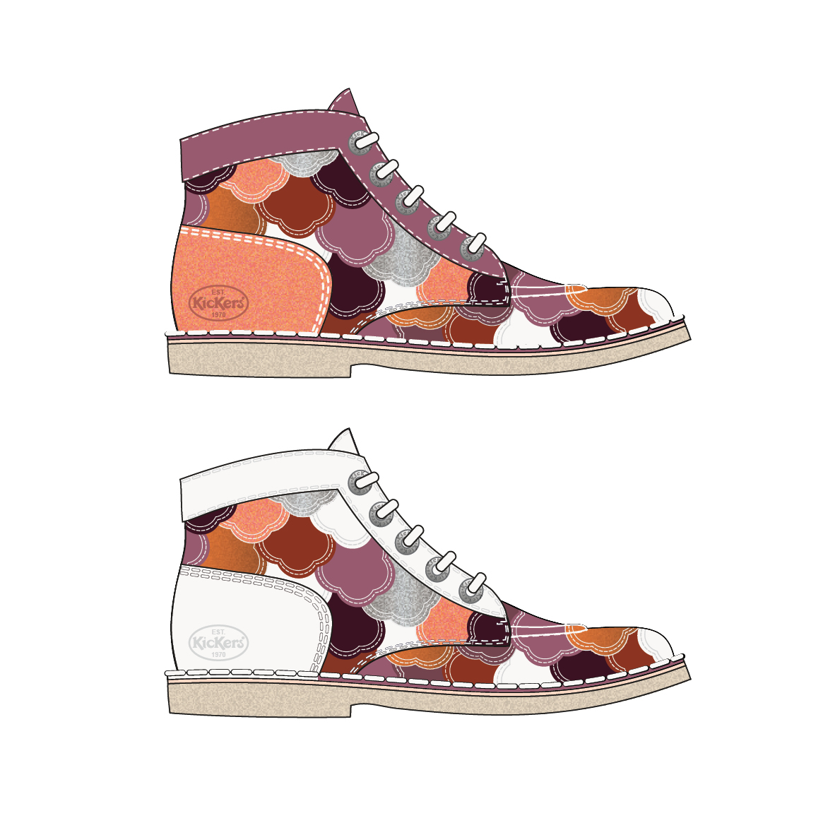 Client : Kikers, fashion brand. Dessin chaussure, coloris, all over.