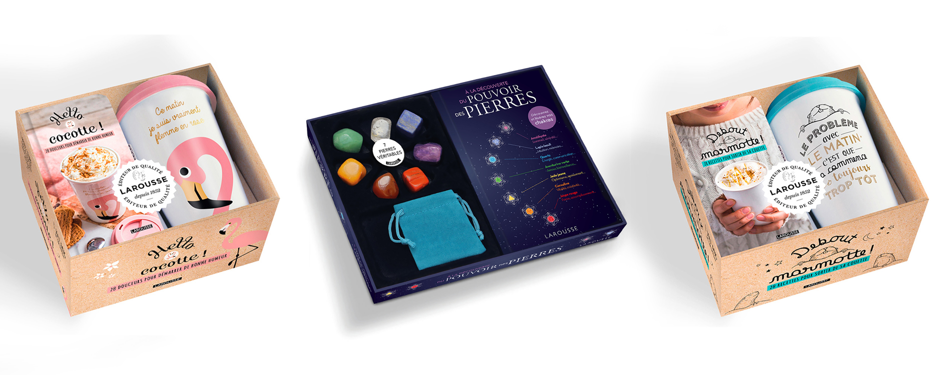 Coffrets Mug et livret de recette + coffret pierres et livret sur le pouvoir des pierrespour les éditions LAROUSSE