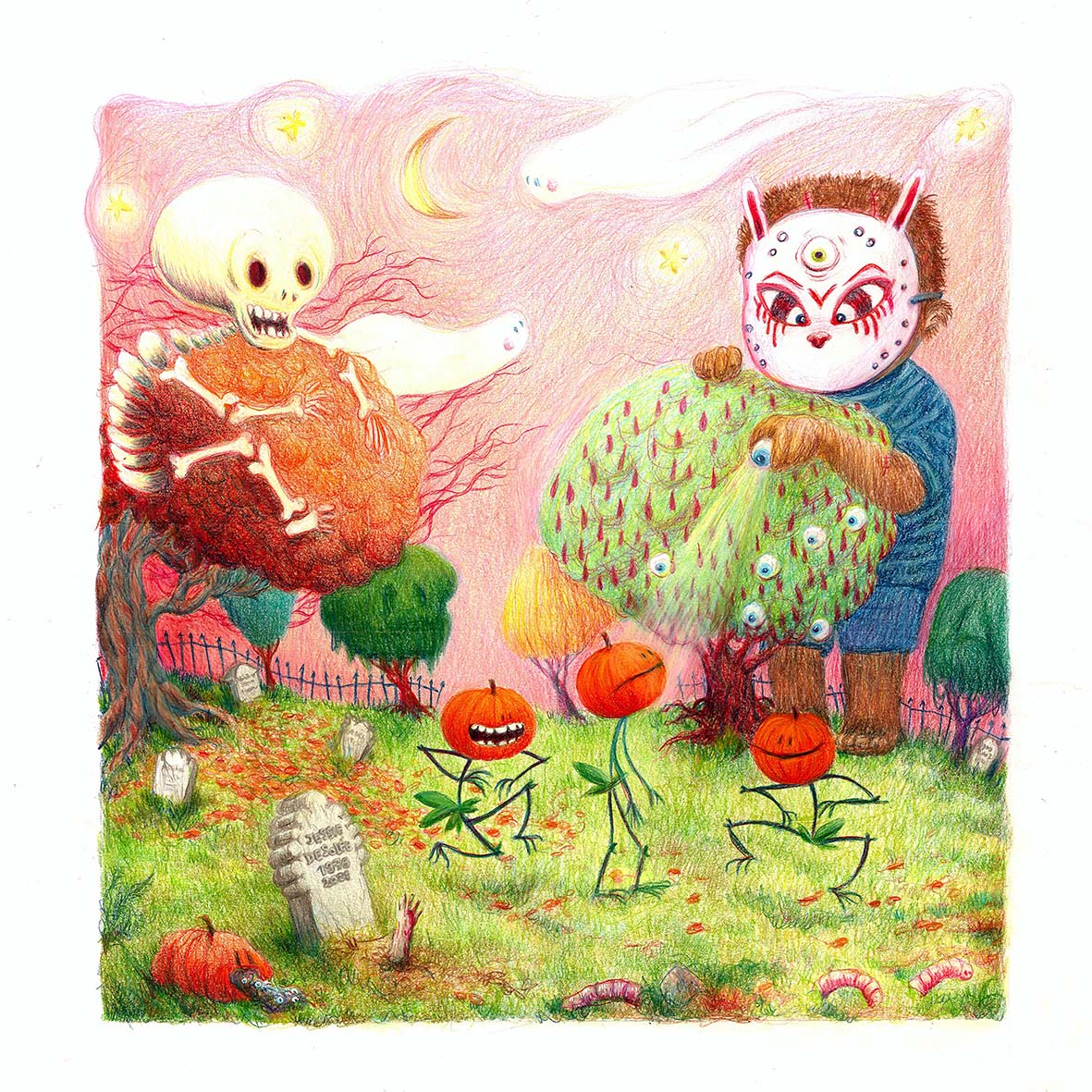 Une nuit au cimetière, crayons de couleurs, 40 x 40 cm, 2021