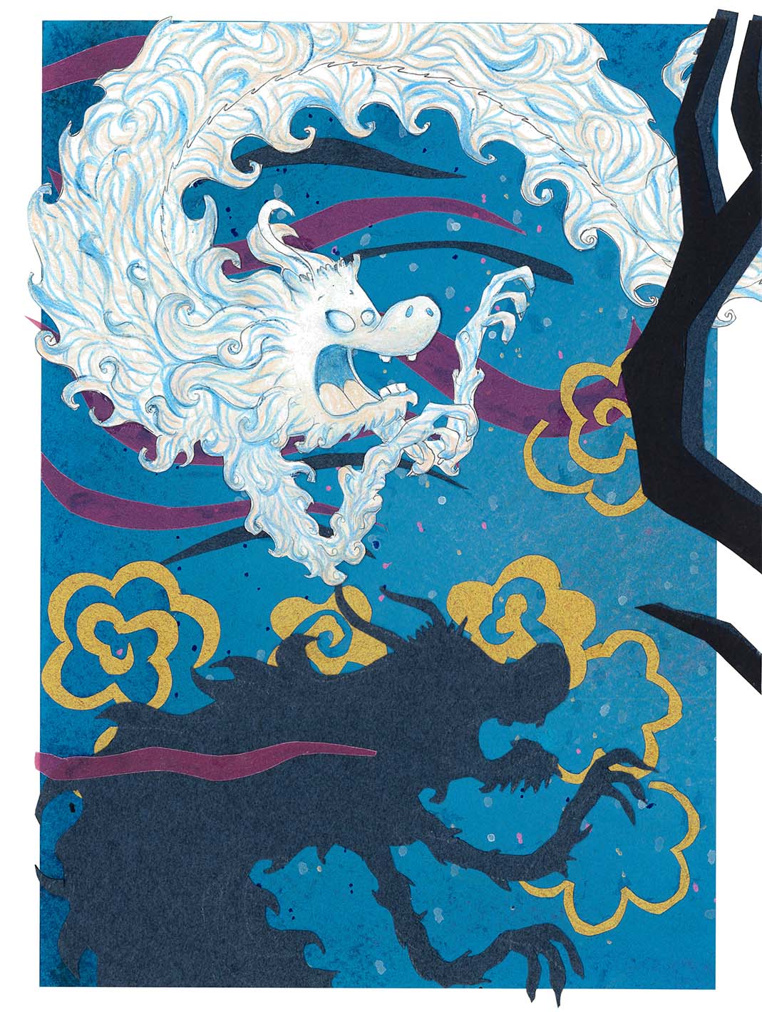 La Renard Samouraï,  collage et crayons de couleur sur papier,  24 x 18 cm, 2021 (troisième partie du triptyque yokaïs)