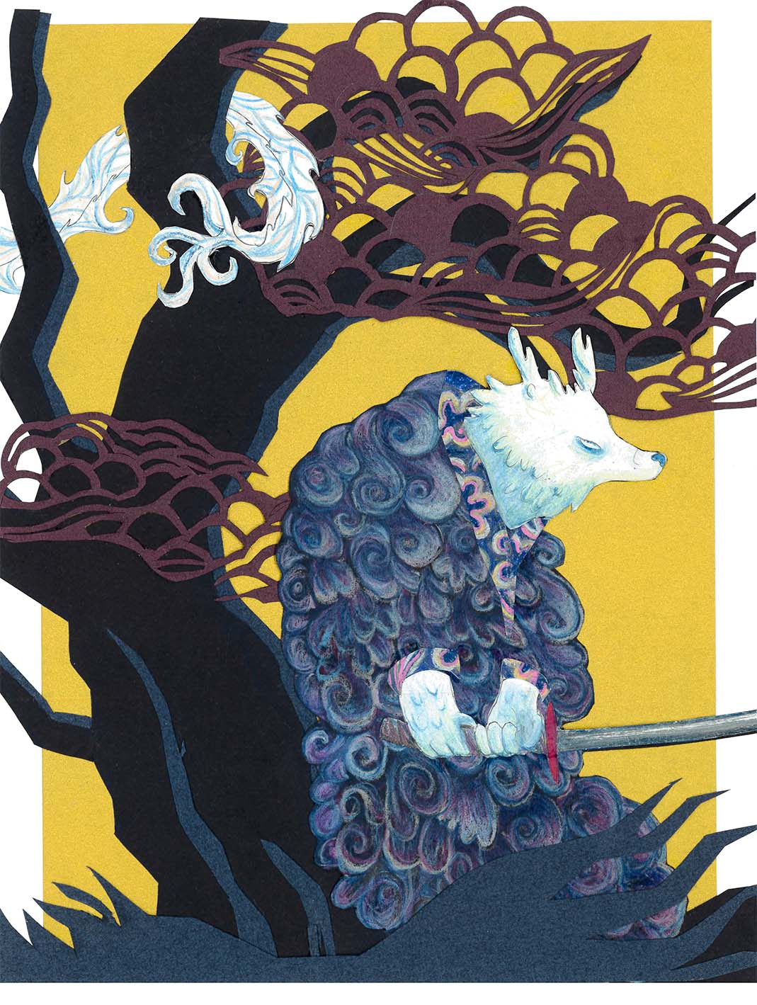 La Renard Samouraï,  collage et crayons de couleur papier,  24 x 18 cm, 2021 (deuxième