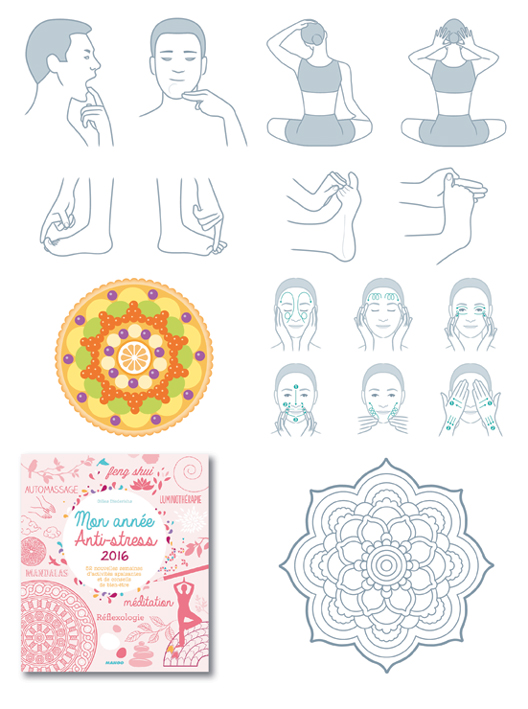 Schémas, mandalas et coloriages pour un ouvrage proposant des activités apaisantes et des conseils de bien-être (Mango, 2015).