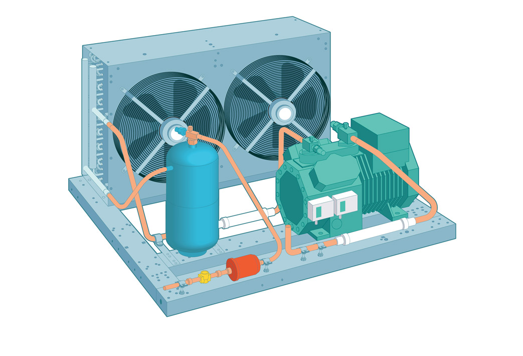 Illustration d'un groupe de condensation à air avec compresseur semi-hermétique (Pyc Média, trimestriel La Rpf, 2019).