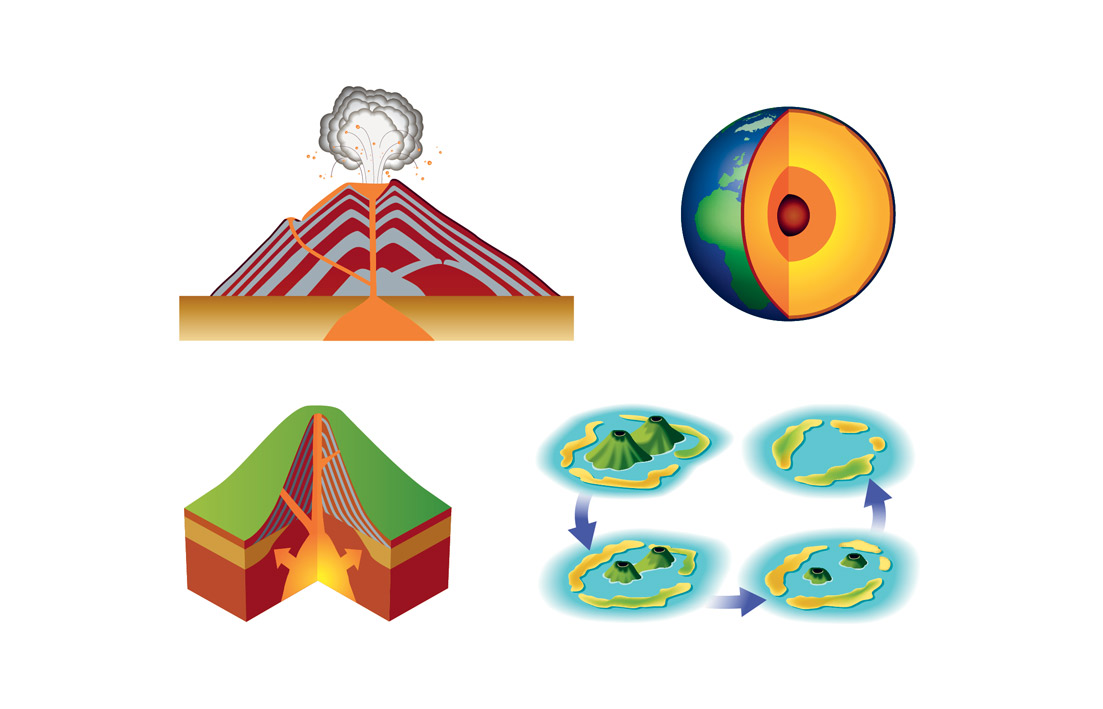 Illustrations sur le thème des volcans (Martin Média, 2009).