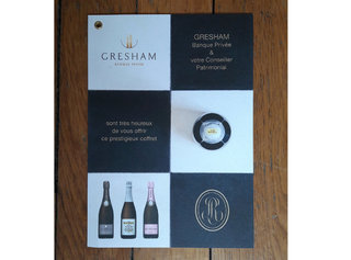 Carton présentation coffret cadeau champagne Roederer pour clients GRESHAM Banque Privée (Agence Arobace)