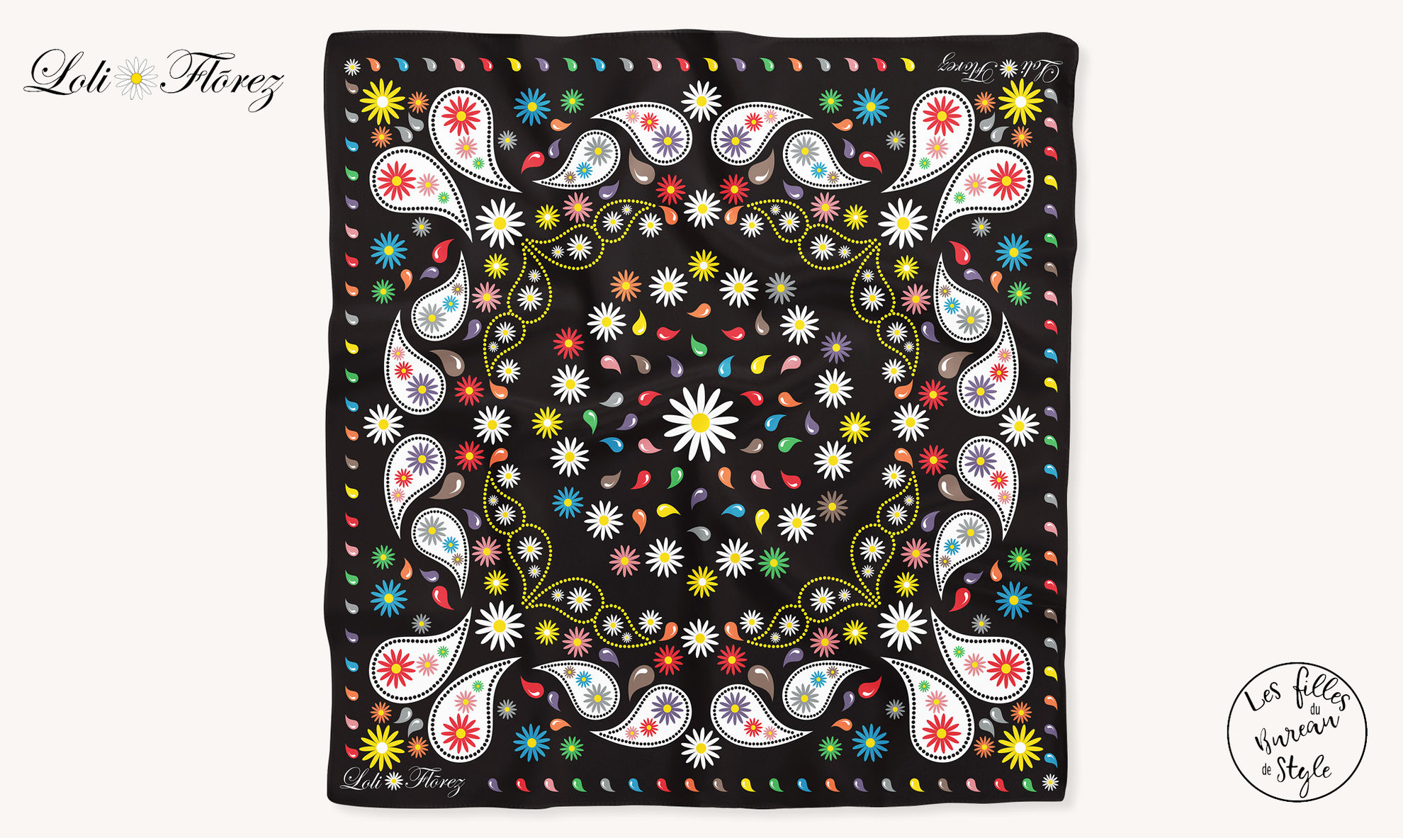 Création de dessin textile pour foulard Loli Flõrez.