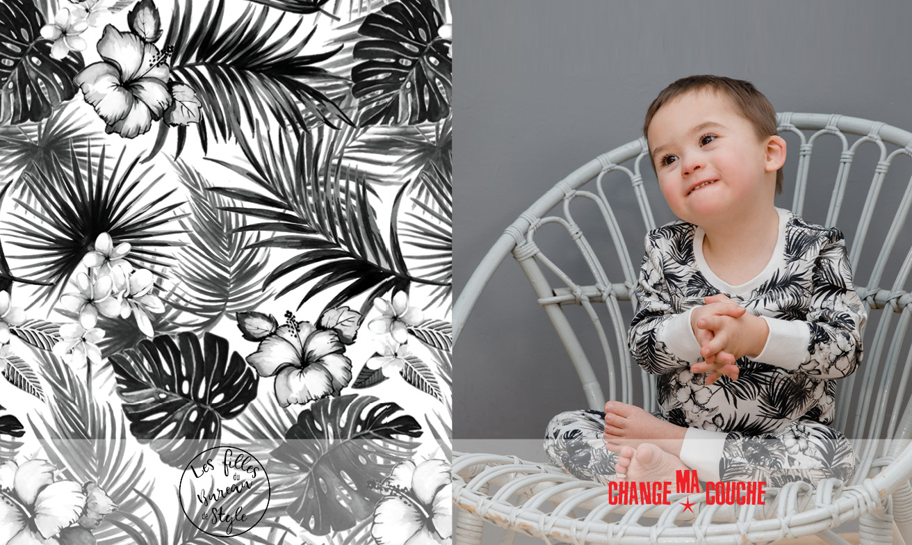 Dessin textile all-over thème tropical style. " Black and White" à l'aquarelle pour la marque CMC.