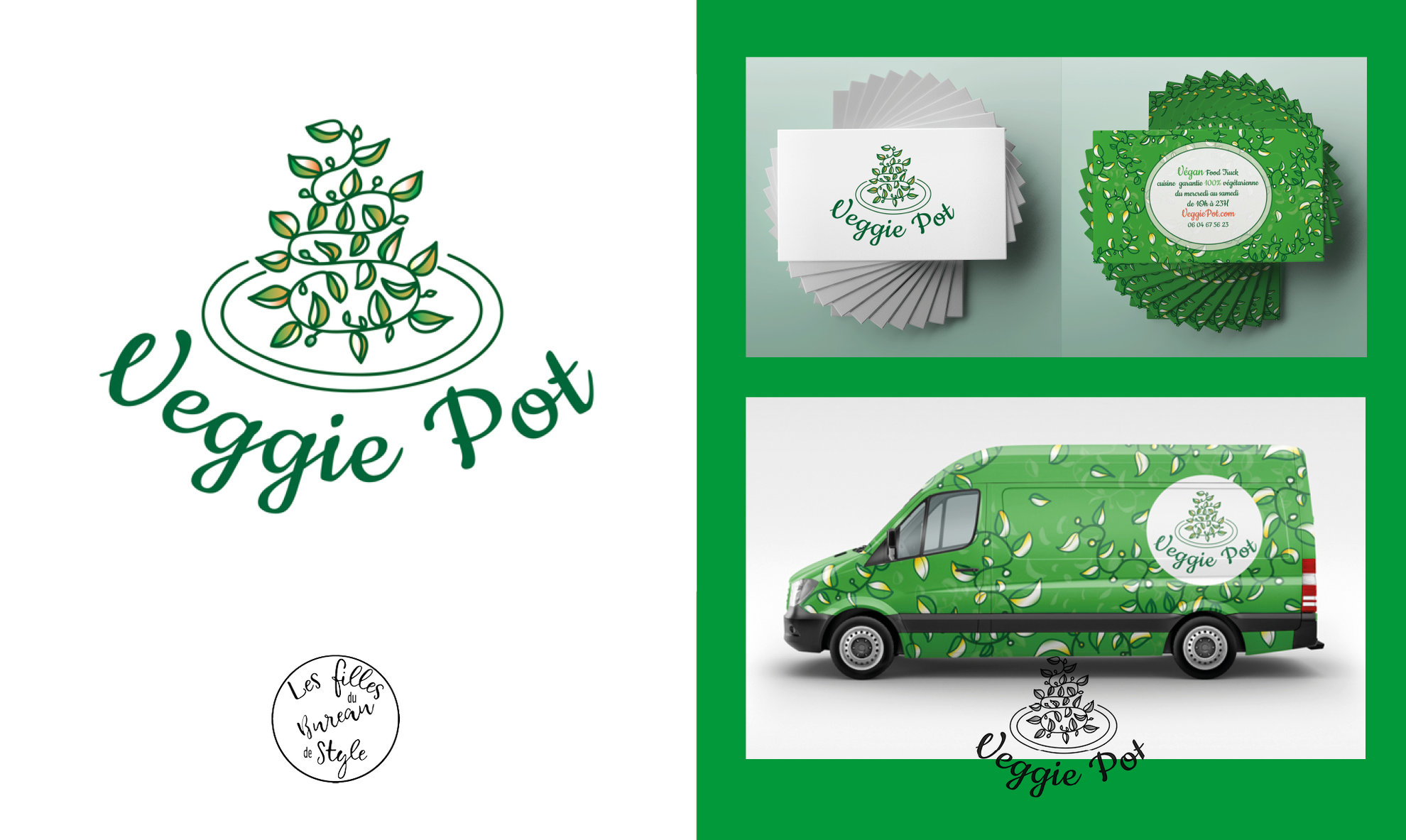 Identité visuelle pour le food-truck VeggiePot, logo, cartes de visite et covering
