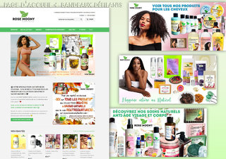 Page d'accueil et bandeaux du site e-commerce Rose Moony Cosmetics
