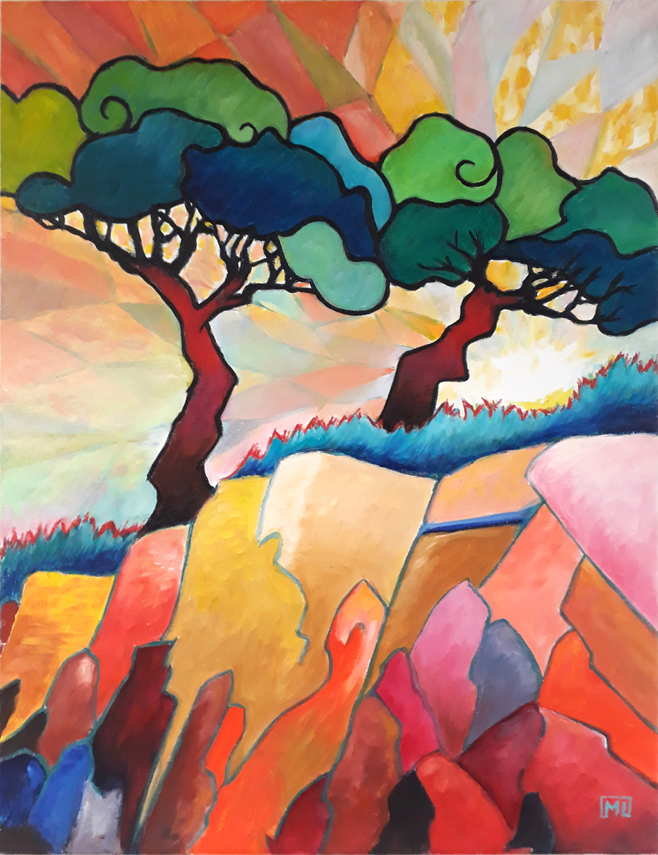 Arbres Et Falaise, 65 x 50 cm Huile