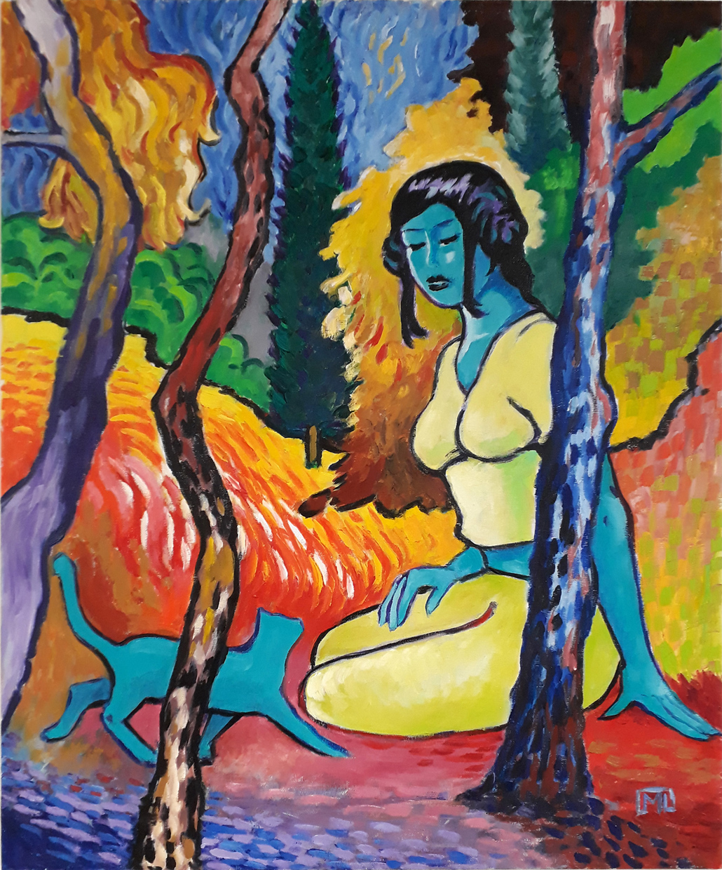 Femme assise au chat bleu, 65 x 54 cm Huile