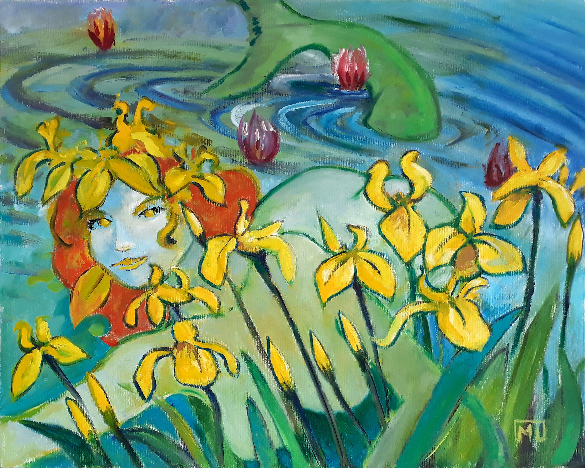 Femme Aux Iris, 40 x 50 cm Huile
