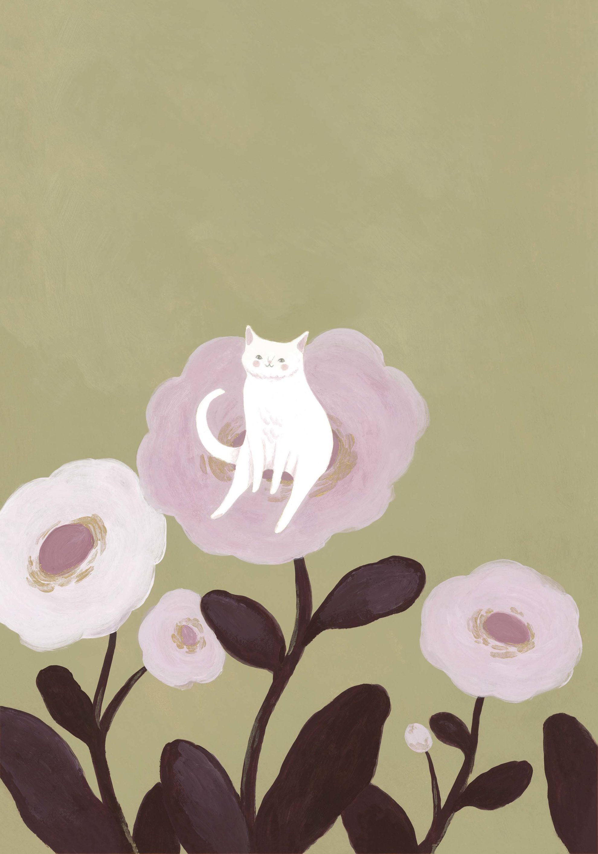 Chat blanc parmi les fleurs