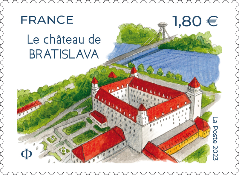 Timbre sur le château de Bratislava, gouache et crayons