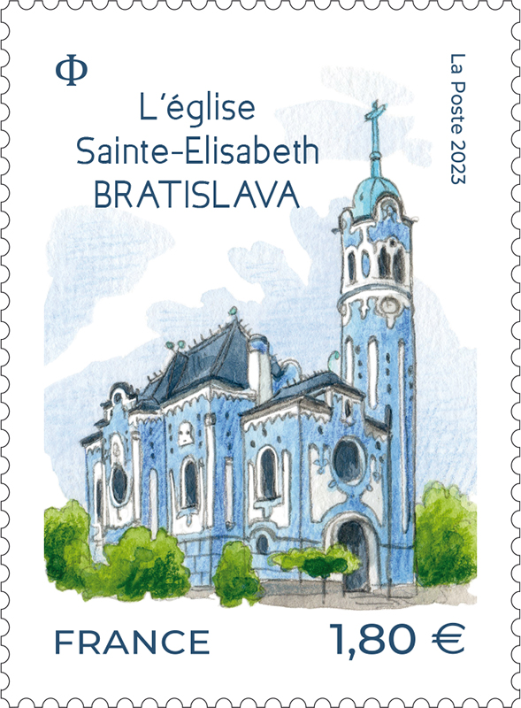 Timbre sur l'église Sainte-Élisabeth de Bratislava, gouache et crayons