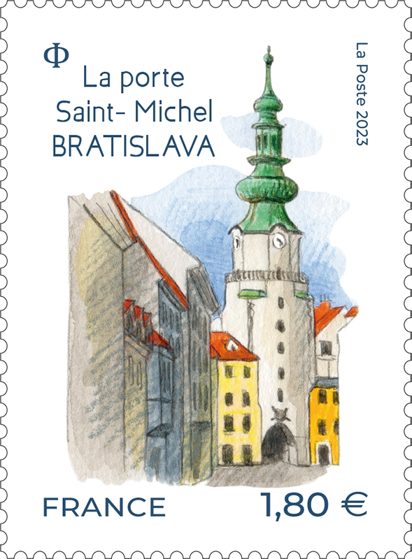Timbre sur la porte Saint-Michel de Bratislava, gouache et crayons