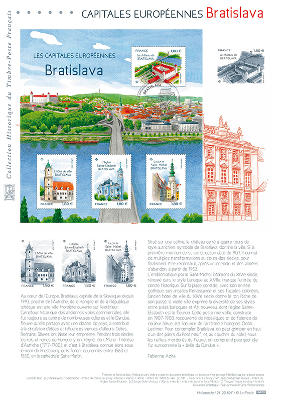 Document de présentation de la feuille de timbres sur Bratislava, gouache et crayons