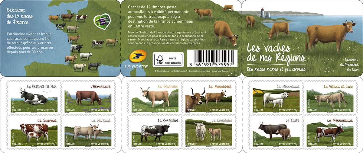 Carnet de timbres sur les races de vaches françaises