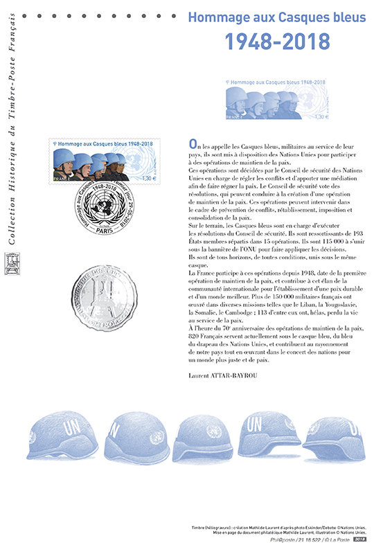 Document de présentation du timbre en hommage aux Casques bleus