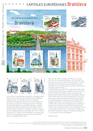 Document de présentation de la feuille de timbres sur Bratislava, gouache et crayons