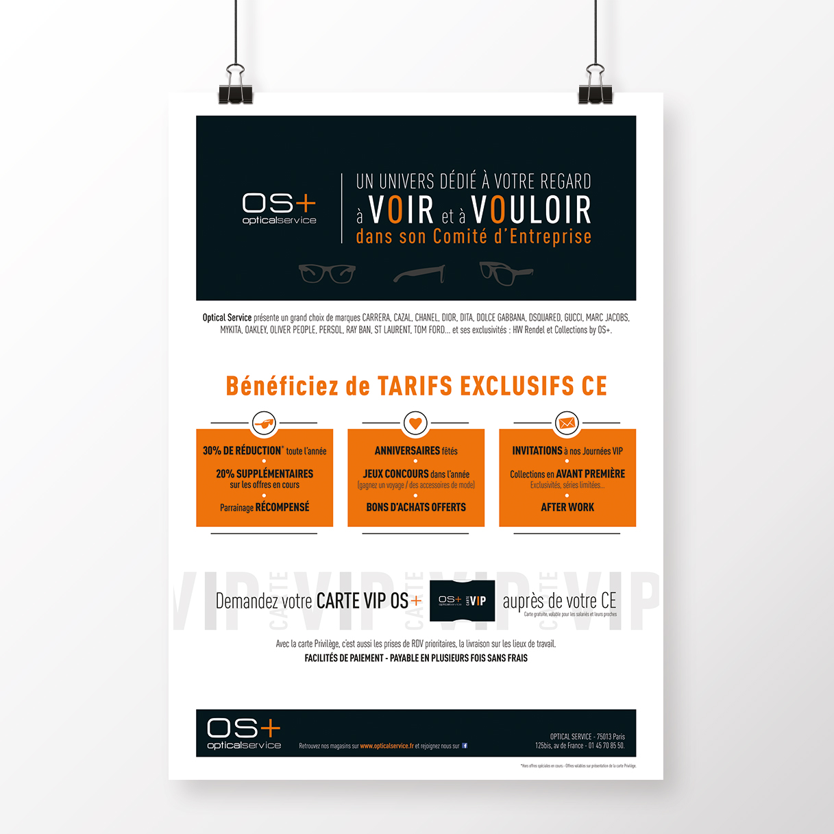 Affiche OS+, création, mise en page de l'offre commerciale CE affiches, flyers, cartes personnalisées pour 17 magasins.
